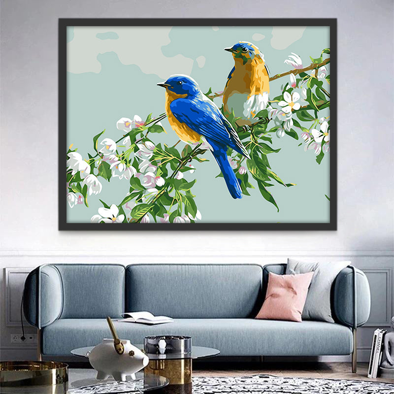 Pajaritos Azules sobre Ramas Florales Pintar por Números
