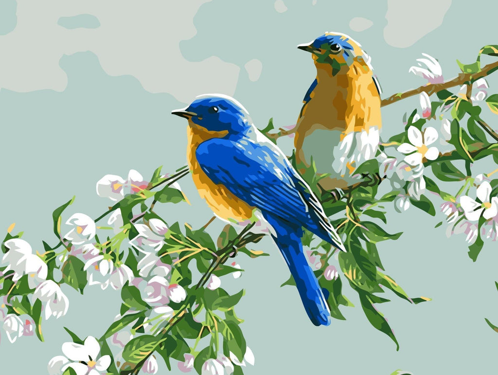 Pajaritos Azules sobre Ramas Florales Pintar por Números