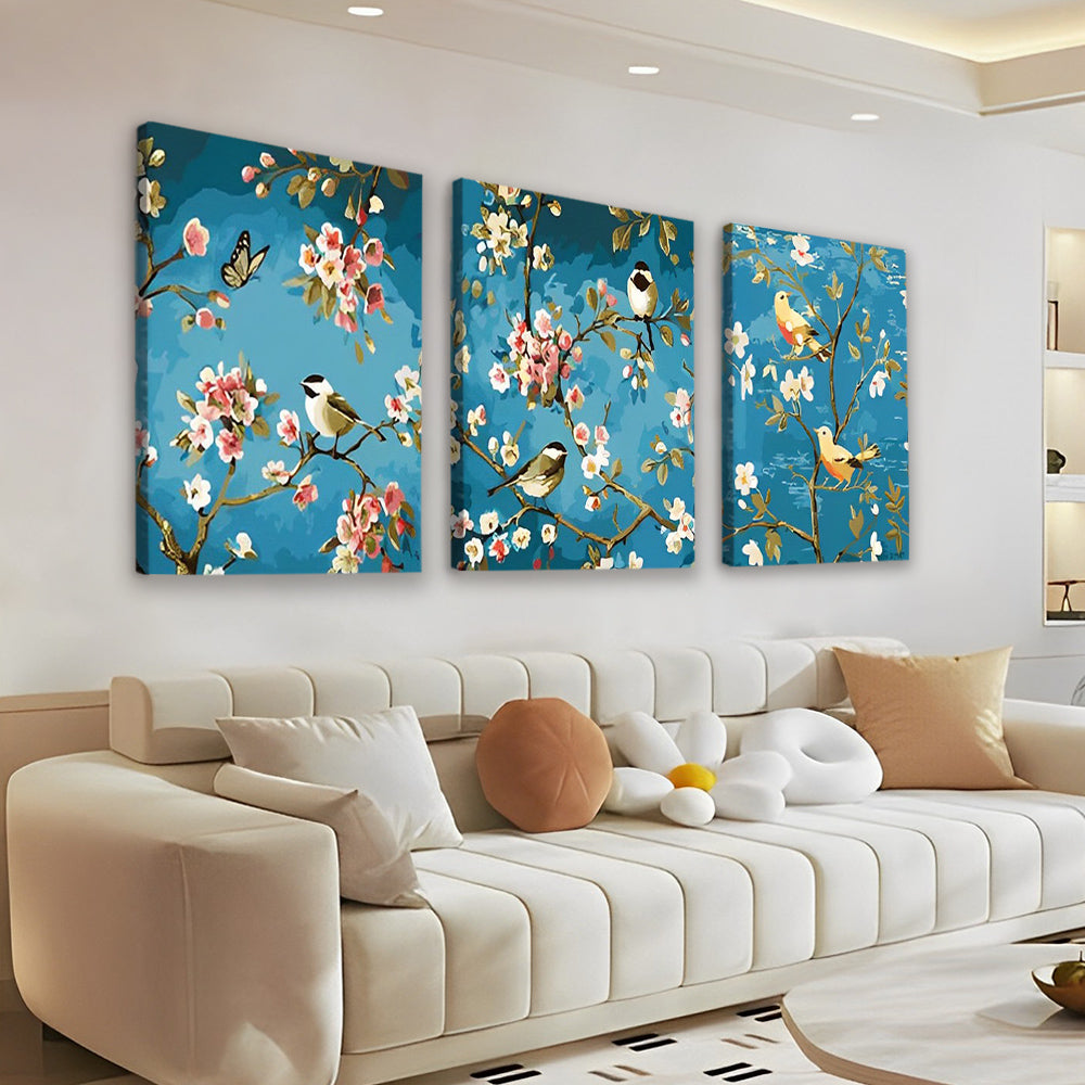 Pajaritos sobre Árbol Floral y Fondo Azul 3 Partes Pintar por Números