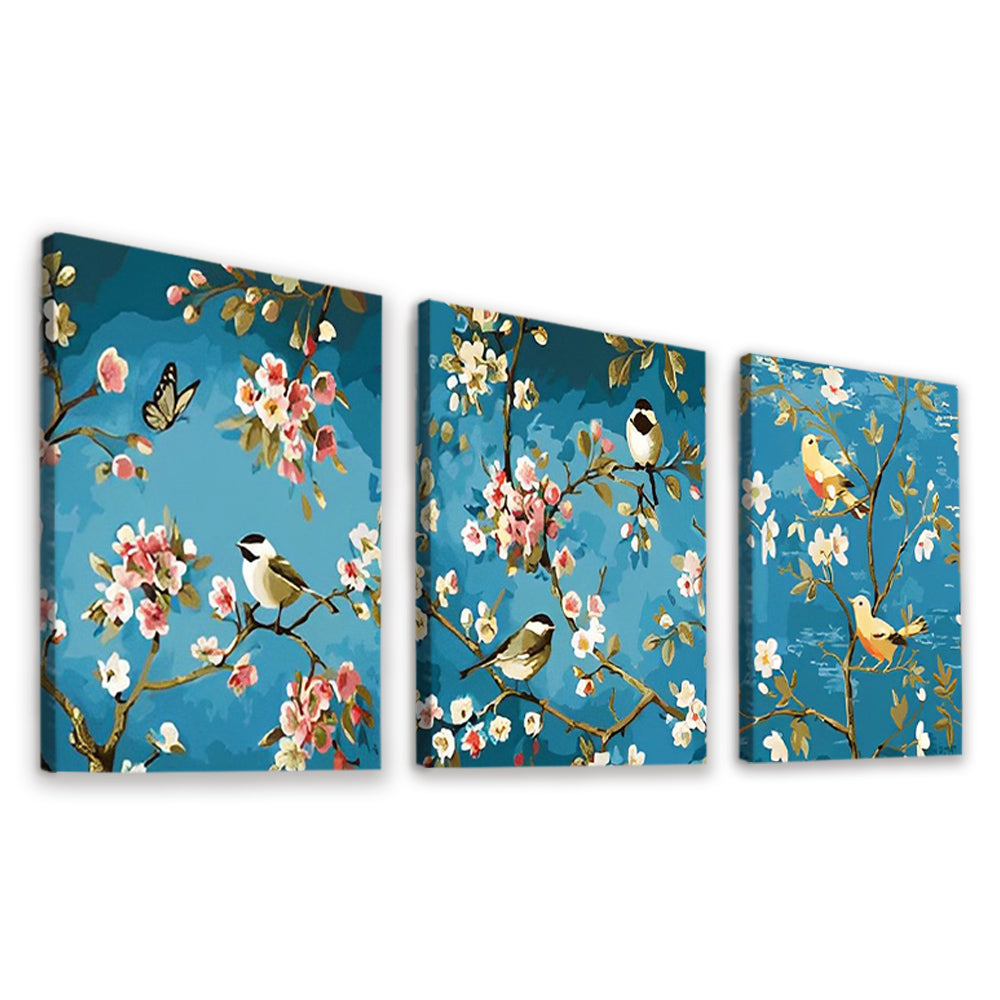 Pajaritos sobre Árbol Floral y Fondo Azul 3 Partes Pintar por Números