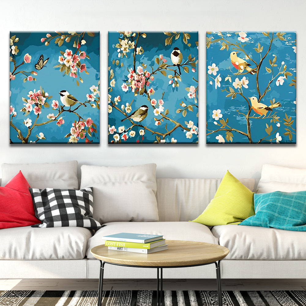 Pajaritos sobre Árbol Floral y Fondo Azul 3 Partes Pintar por Números