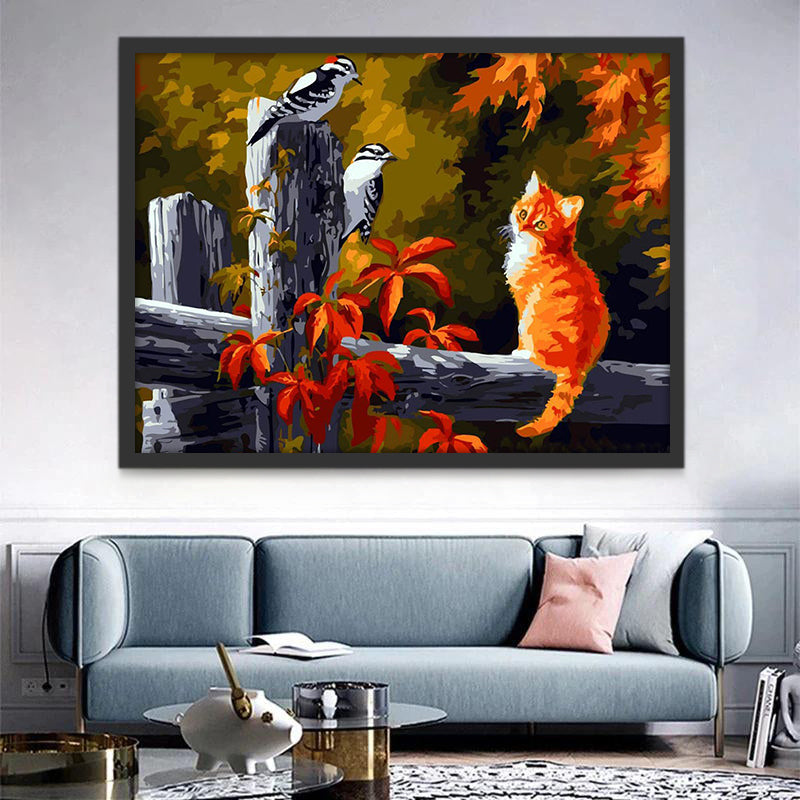 Pajaritos y Gatito Naranja en Otoño Pintar por Números