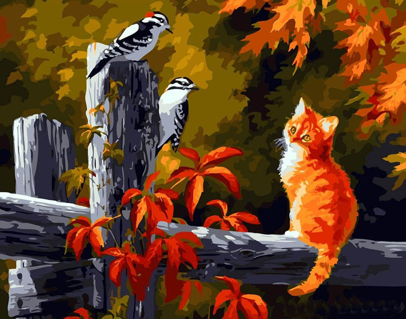 Pajaritos y Gatito Naranja en Otoño Pintar por Números