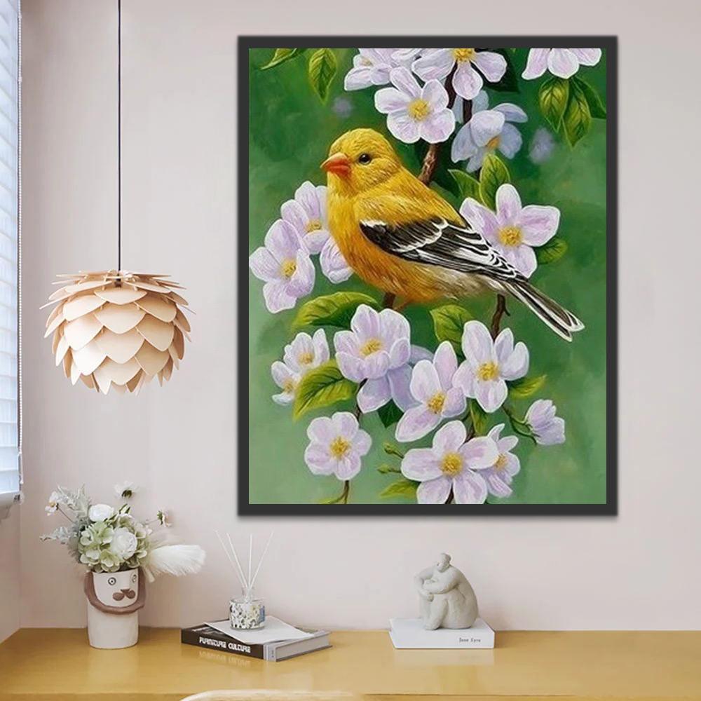 Pájaro Amarillo y Flores Rosadas Pintar por Números