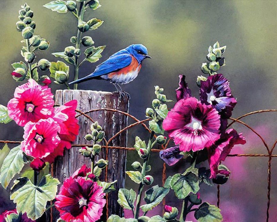 Pájaro Azul Parado sobre Madera con Ipomoeas Moradas Pintar por Números