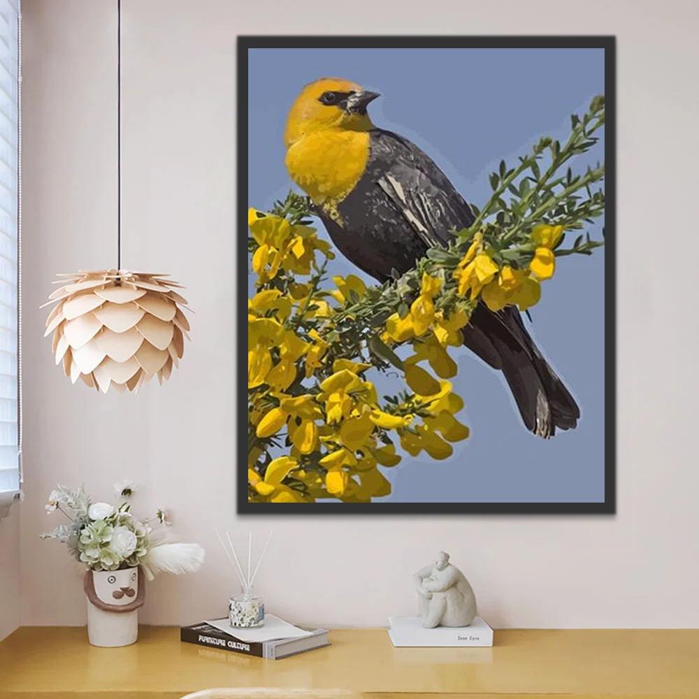 Pájaro en Rama de Flores Amarillas Pintar por Números