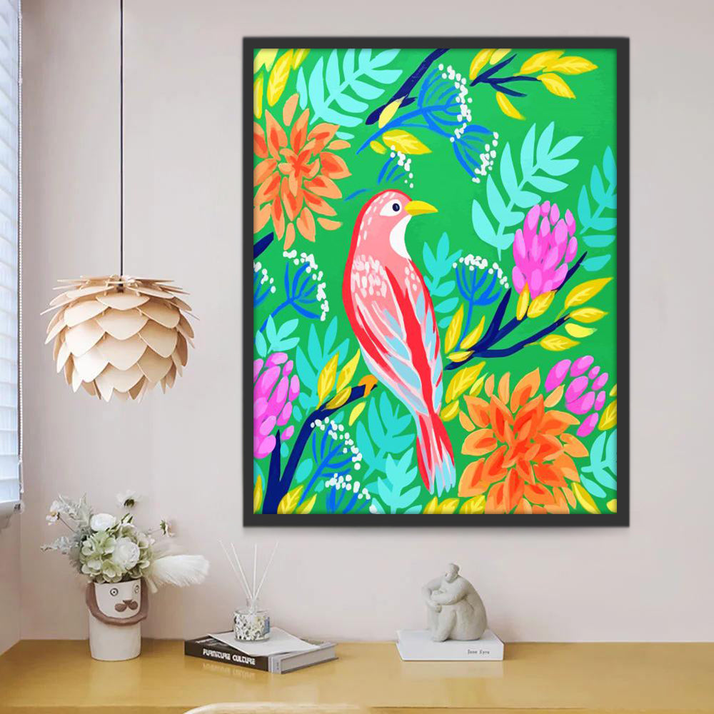 Pájaro Rojo Rodeado de Plantas Coloridas Pintar por Números