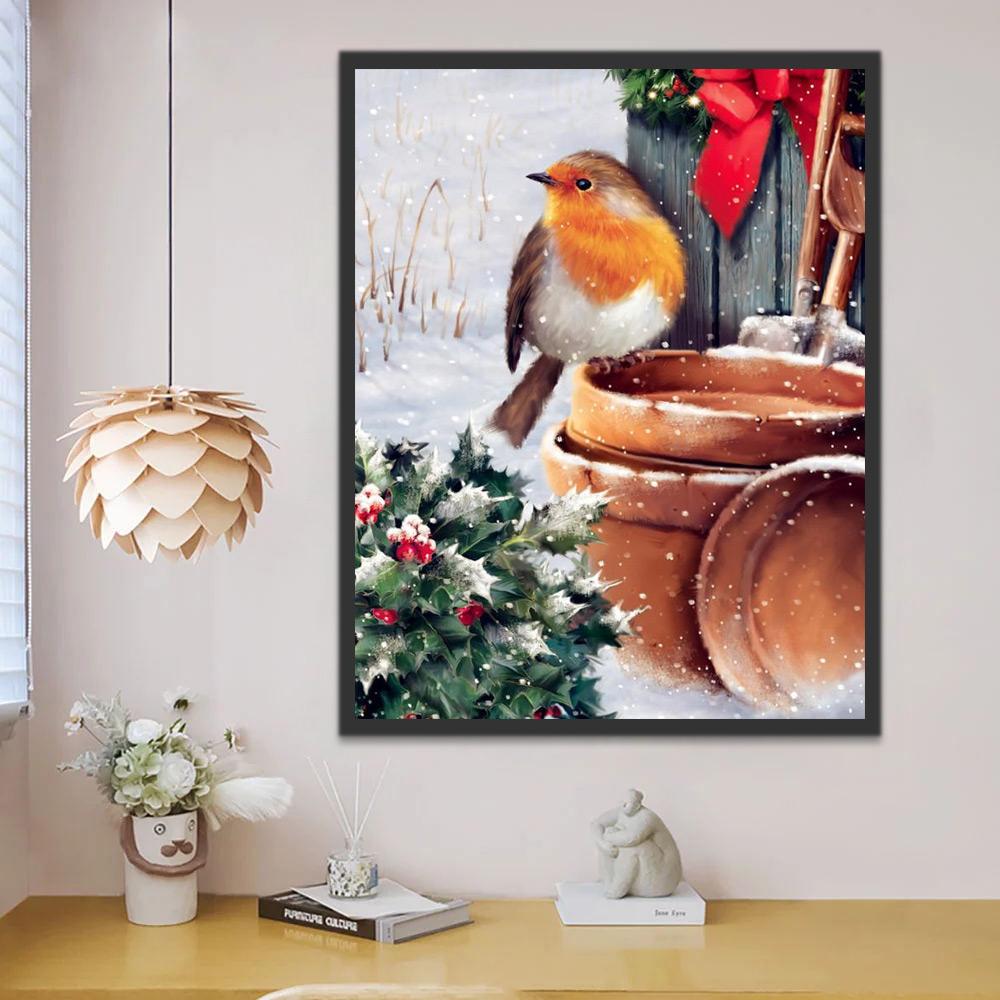 Pájaro y Bayas de Acebo de Navidad Pintar por Números