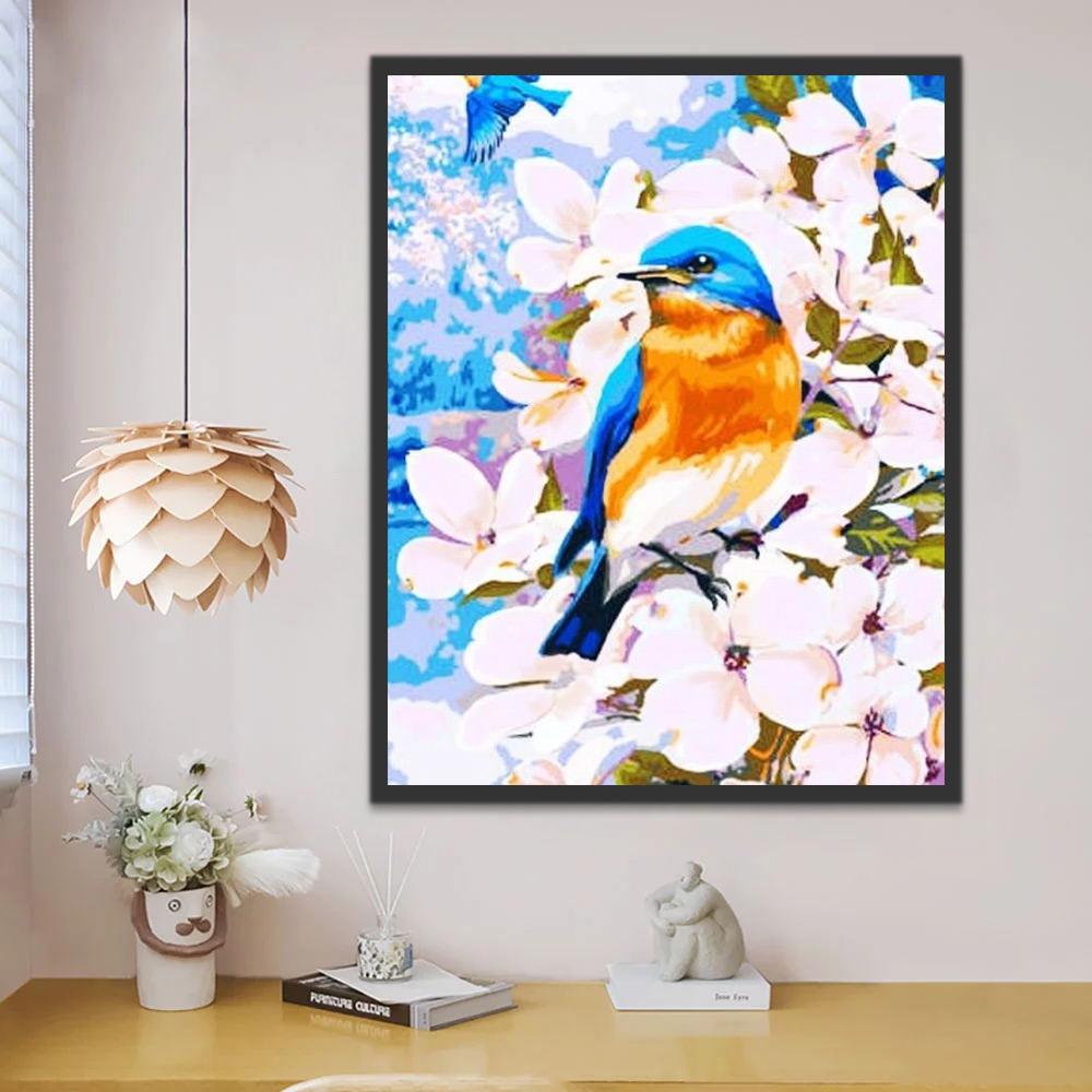 Pájaros Azules y Flores Blancas Pintar por Números