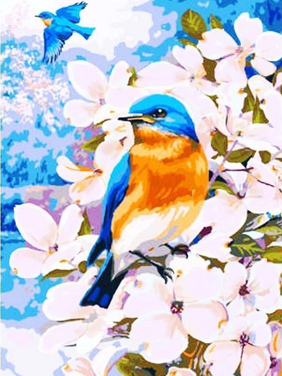 Pájaros Azules y Flores Blancas Pintar por Números