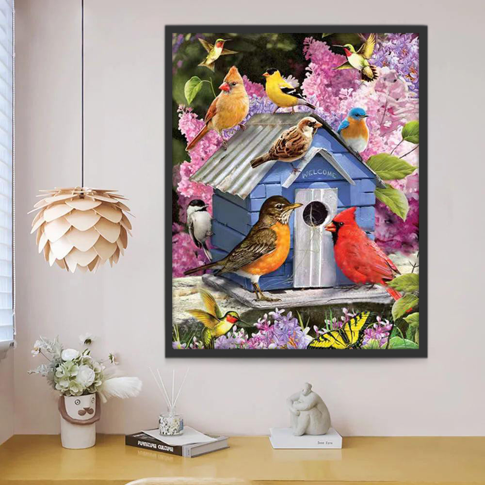 Pájaros con Su Casita entre Flores Pintar por Números