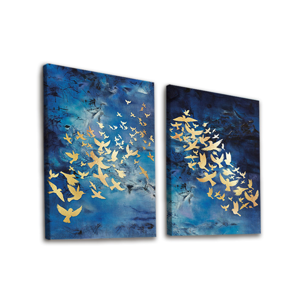 Pájaros Dorados Volando por Cielo Azul 2 Partes Pintar por Números