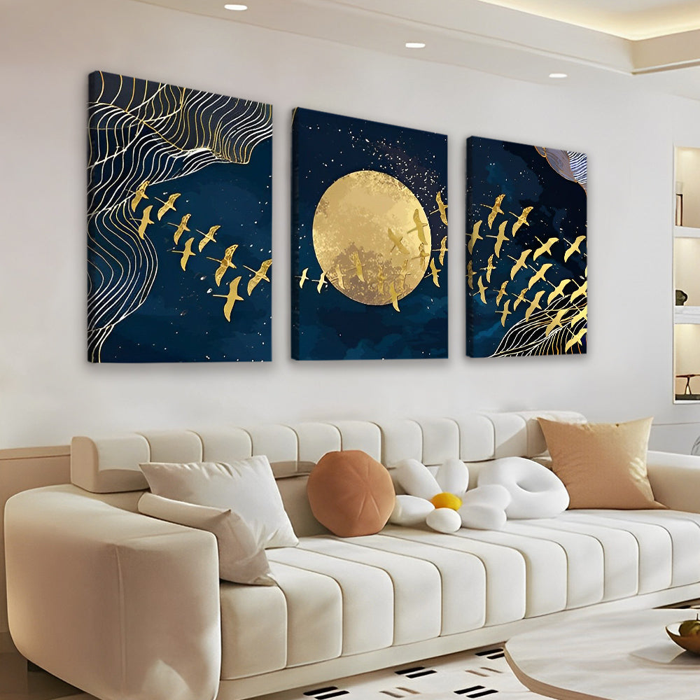 Pájaros Dorados Volando por Luna Dorada en Cielo Estrellado 3 Partes Pintar por Números