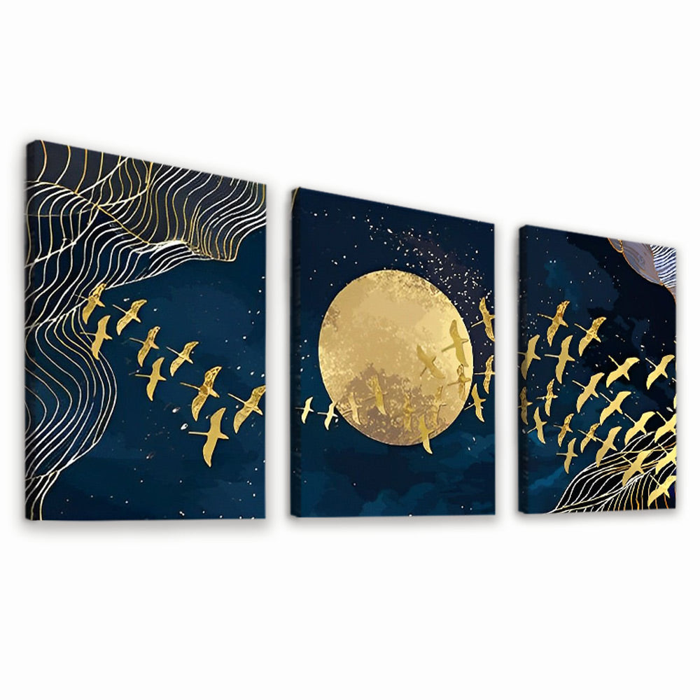 Pájaros Dorados Volando por Luna Dorada en Cielo Estrellado 3 Partes Pintar por Números