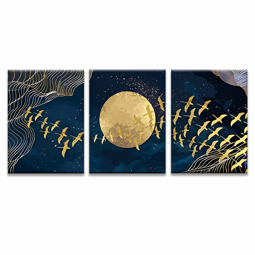 Pájaros Dorados Volando por Luna Dorada en Cielo Estrellado 3 Partes Pintar por Números