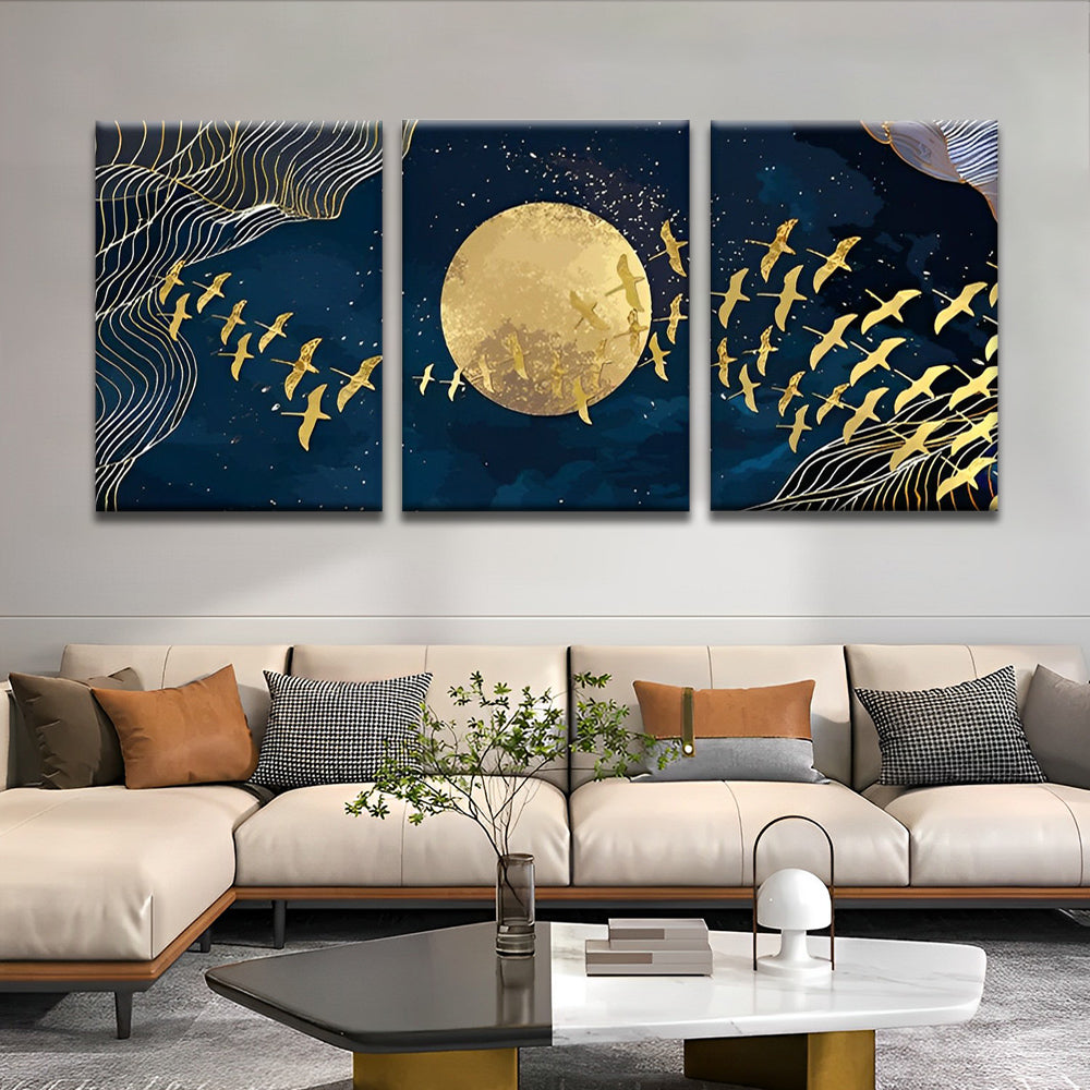 Pájaros Dorados Volando por Luna Dorada en Cielo Estrellado 3 Partes Pintar por Números