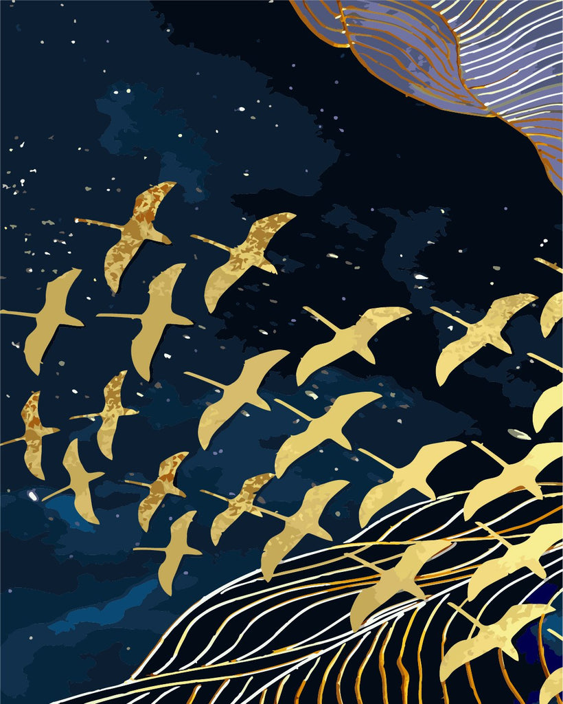 Pájaros Dorados Volando por Noche Pintar por Números