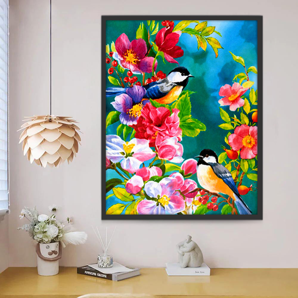 Pájaros Parados sobre Flores Coloridas y Bayas Rojas Pintar por Números