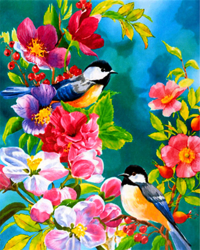 Pájaros Parados sobre Flores Coloridas y Bayas Rojas Pintar por Números