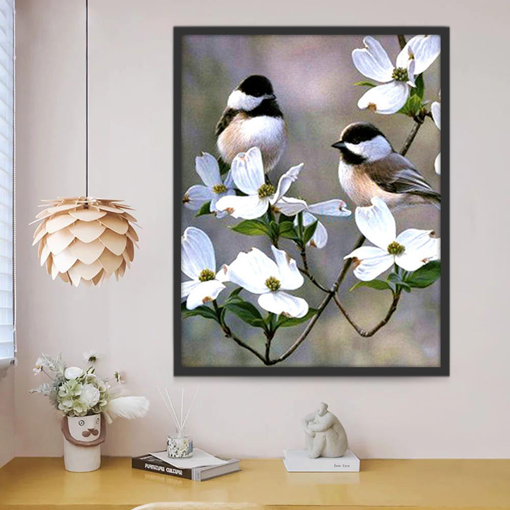 Pájaros Pequeños y Flores Blancas Pintar por Números