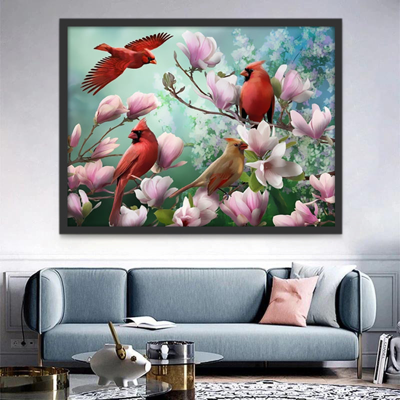 Pájaros Rojos sobre Árbol de Magnolia Pintar por Números