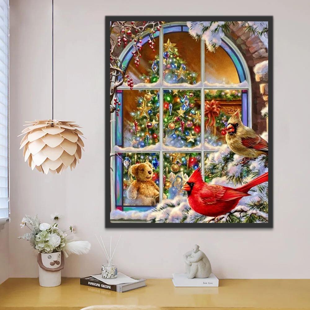Pájaros Rojos y Árbol de Navidad Pintar por Números
