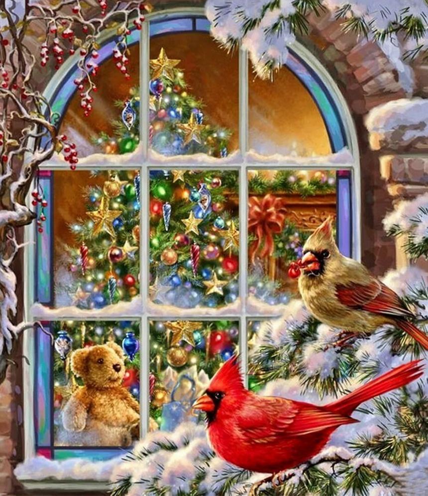 Pájaros Rojos y Árbol de Navidad Pintar por Números