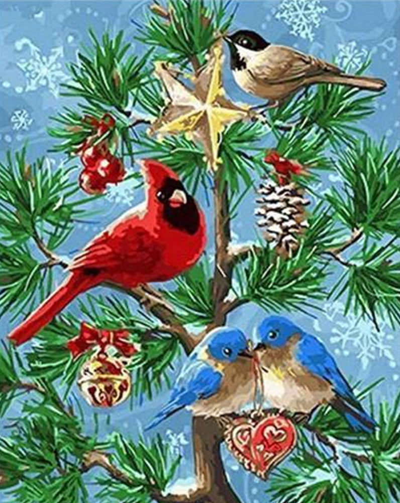Pájaros sobre Árbol de Navidad Pintar por Números
