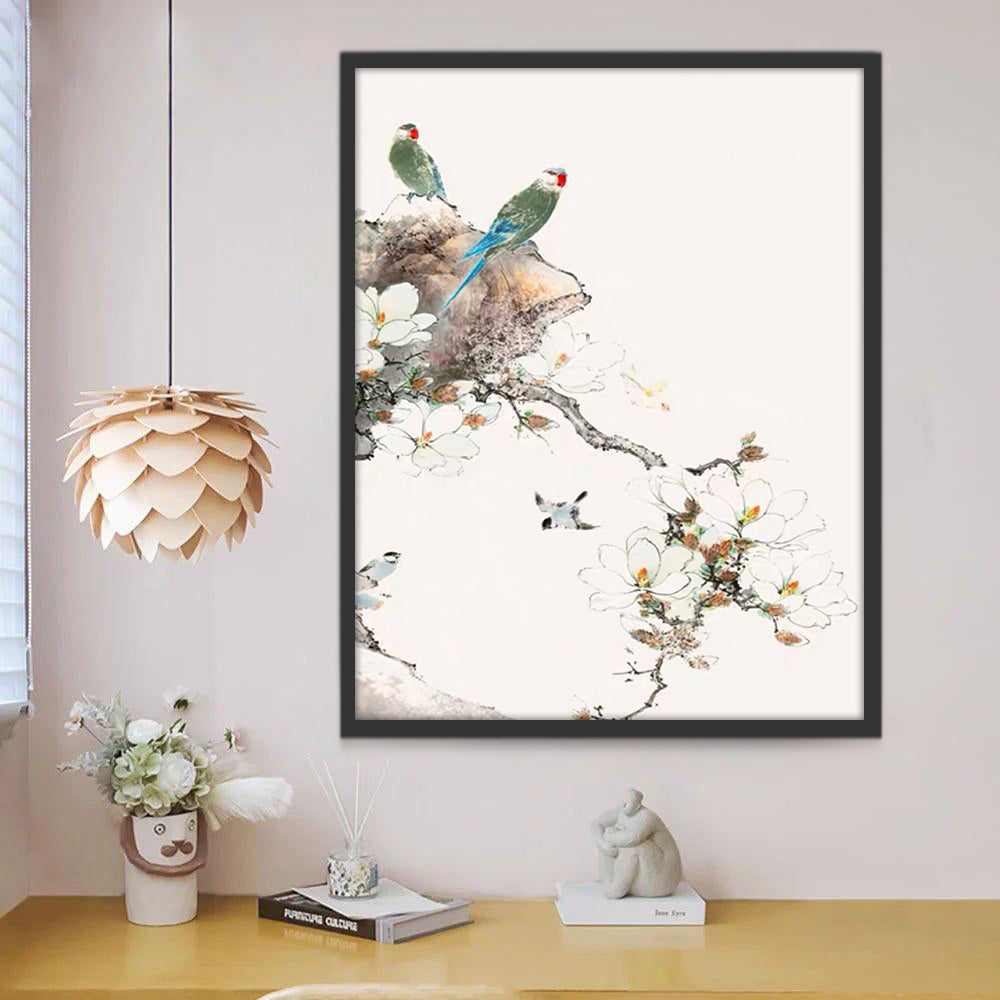 Pájaros Verdes y Rama de Magnolia Pintar por Números