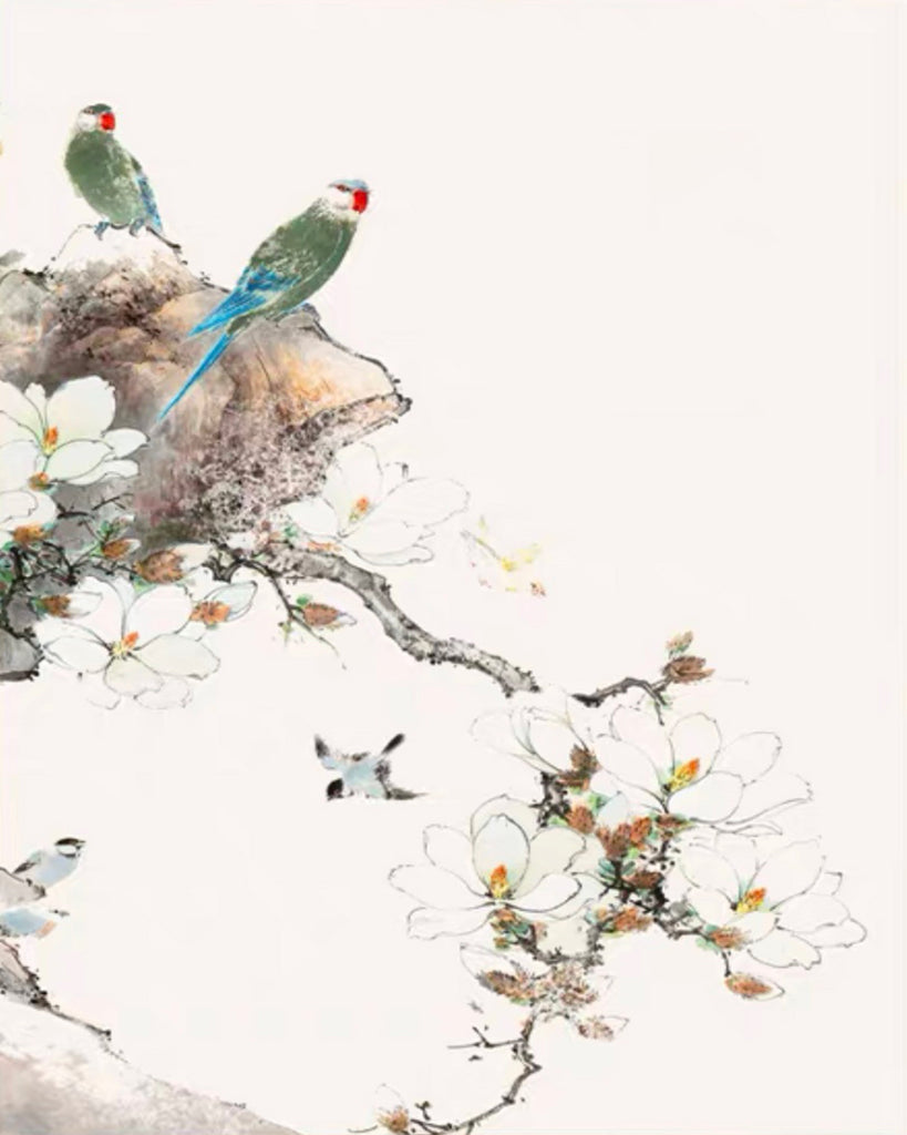 Pájaros Verdes y Rama de Magnolia Pintar por Números