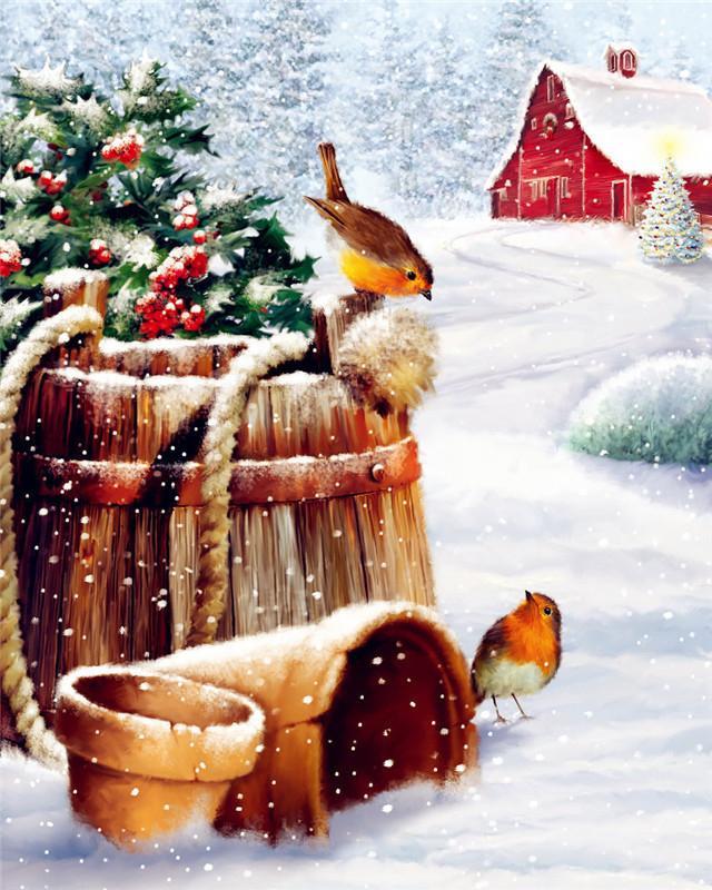 Pájaros y Bayas Rojas en la Nieve Pintar por Números