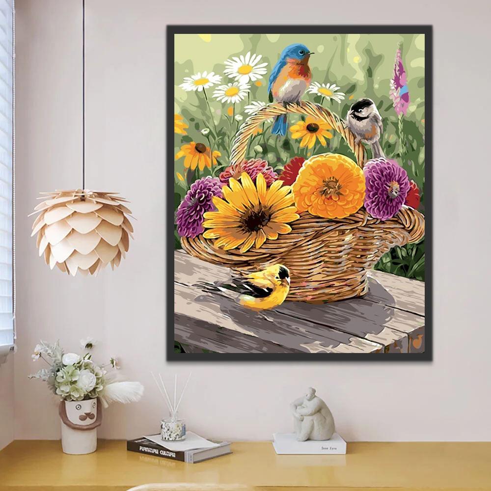 Pájaros y Cesta con Girasoles y Flores Moradas Pintar por Números
