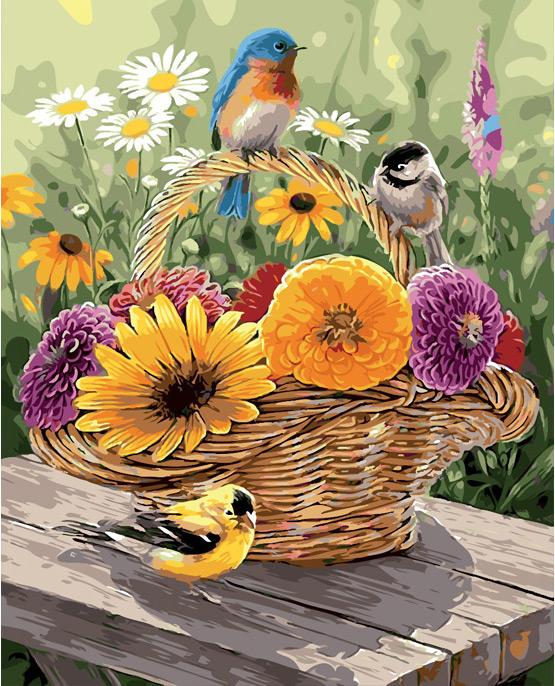 Pájaros y Cesta con Girasoles y Flores Moradas Pintar por Números
