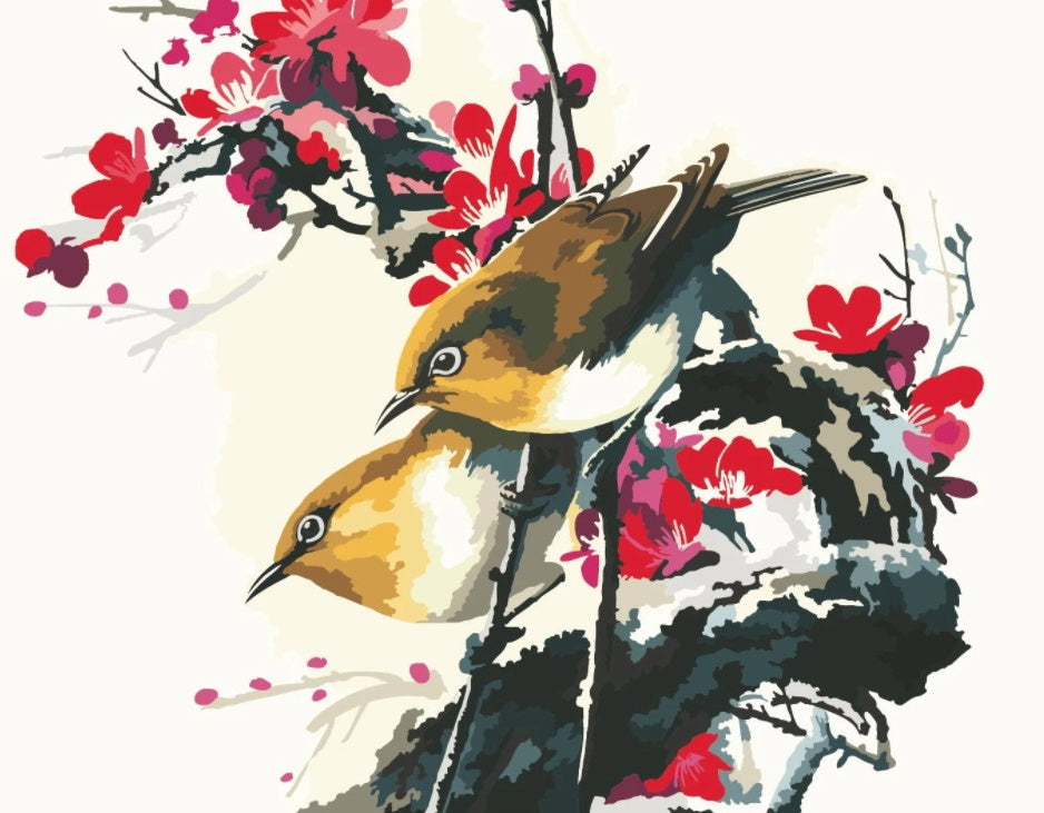 Pájaros y Flor de Ciruelas Rojas Pintar por Números