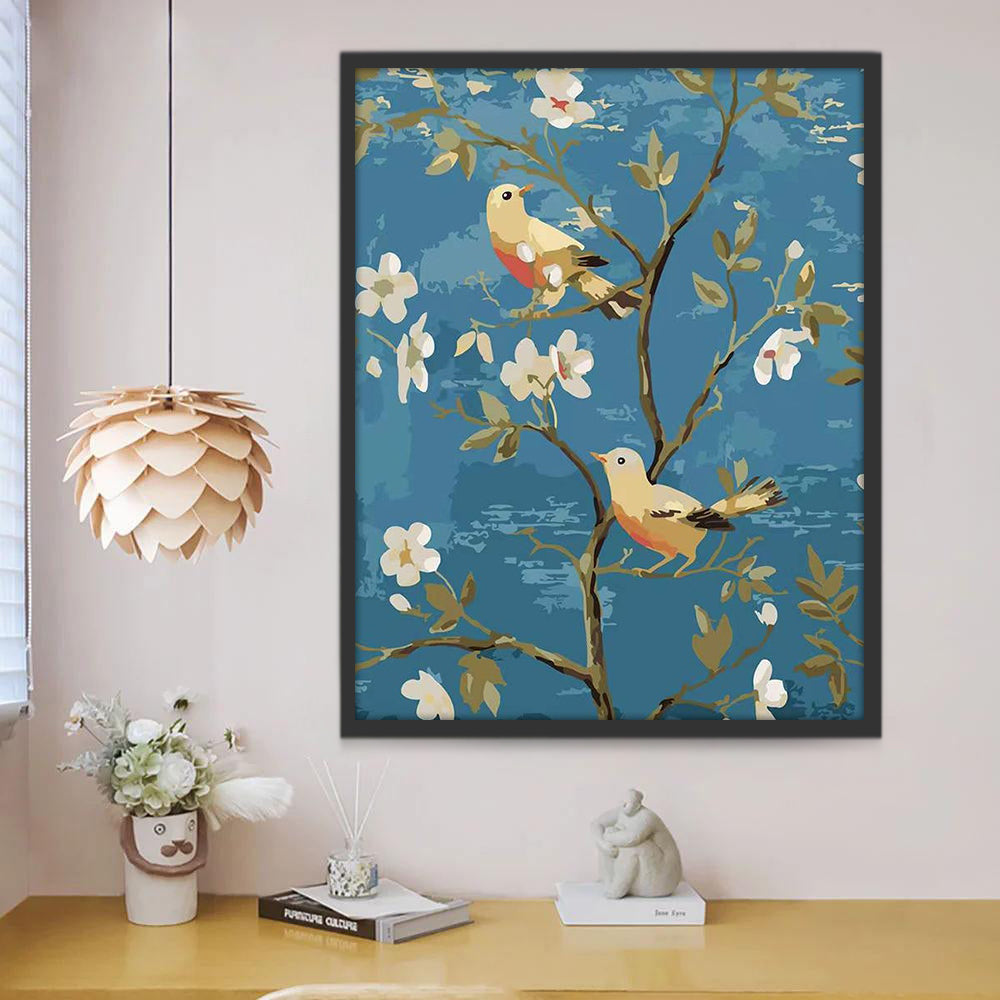 Pájaros y Flores en Fondo Azul Pintar por Números
