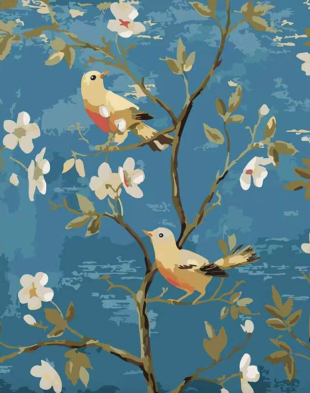 Pájaros y Flores en Fondo Azul Pintar por Números