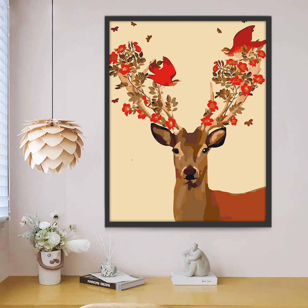 Pájaros y Flores Rojas y Mariposas sobre Cuernos de Ciervo Pintar por Números