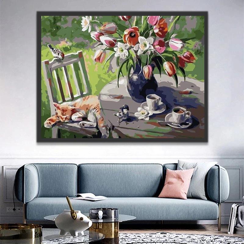 Pájaros y Flores y Café sobre Mesa con Gato sobre Silla Blanca Pintar por Números
