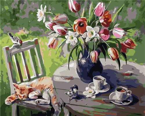 Pájaros y Flores y Café sobre Mesa con Gato sobre Silla Blanca Pintar por Números
