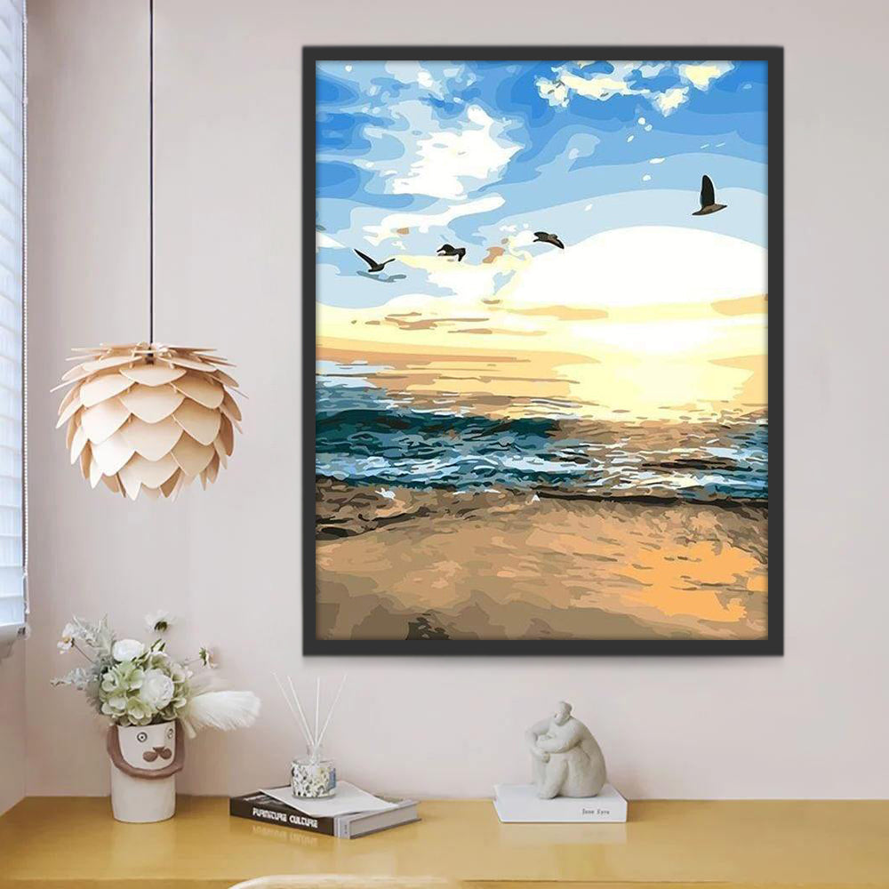 Pájaros y Mar con Puesta del Sol Pintar por Números