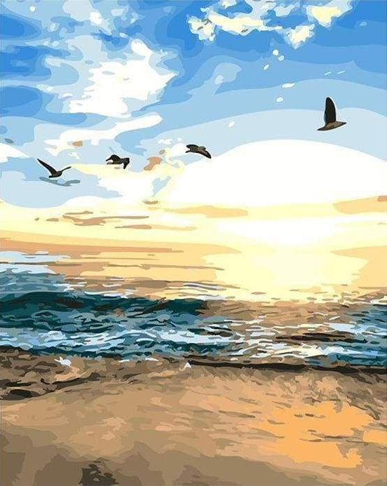 Pájaros y Mar con Puesta del Sol Pintar por Números