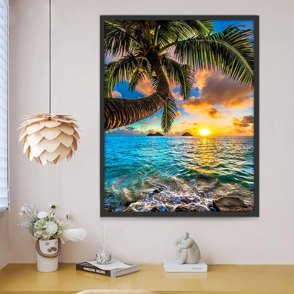 Palmera y Puesta del Sol sobre el Mar Pintar por Números