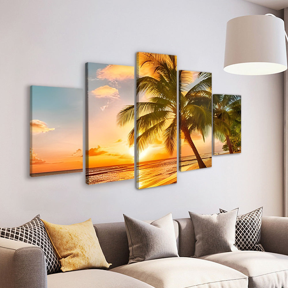 Palmeras en la Playa y Puesta del Sol sobre el Mar 5 Partes Pintar por Números