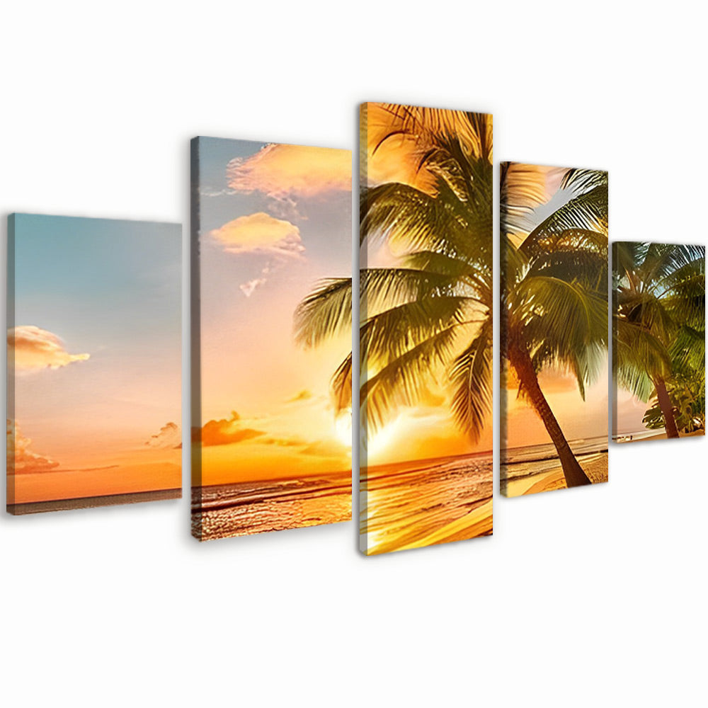 Palmeras en la Playa y Puesta del Sol sobre el Mar 5 Partes Pintar por Números