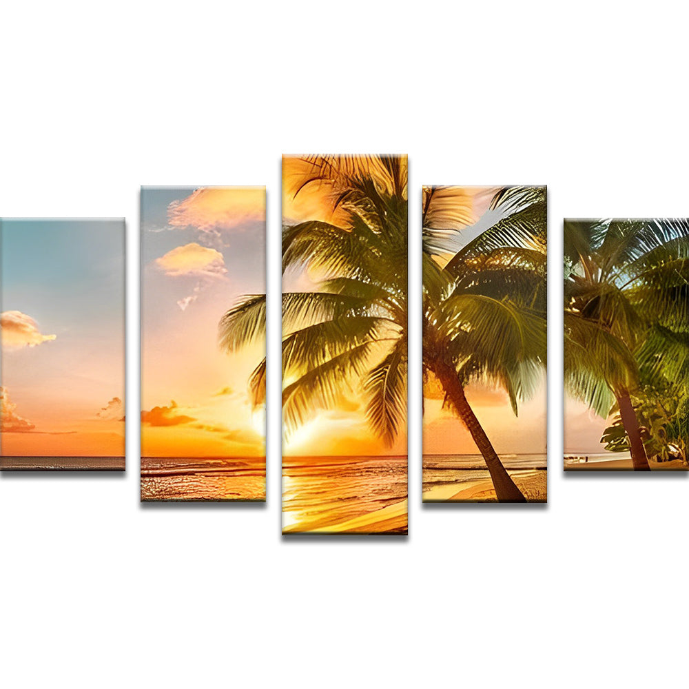 Palmeras en la Playa y Puesta del Sol sobre el Mar 5 Partes Pintar por Números