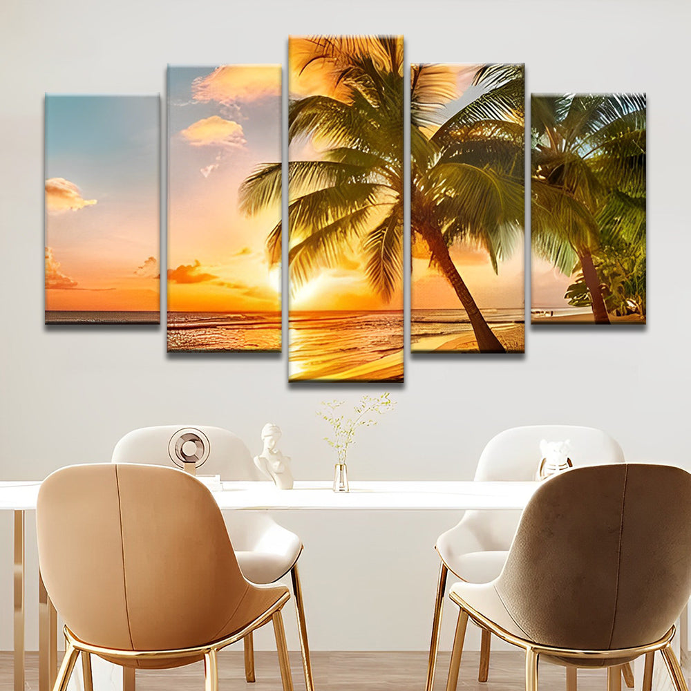 Palmeras en la Playa y Puesta del Sol sobre el Mar 5 Partes Pintar por Números