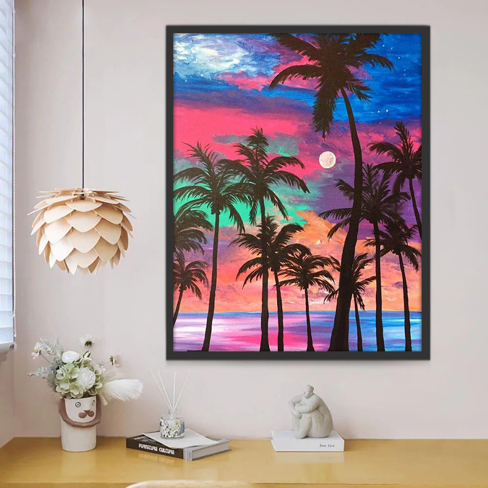 Palmeras y la Luna en el Cielo Colorido Pintar por Números