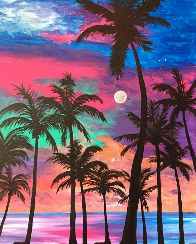 Palmeras y la Luna en el Cielo Colorido Pintar por Números