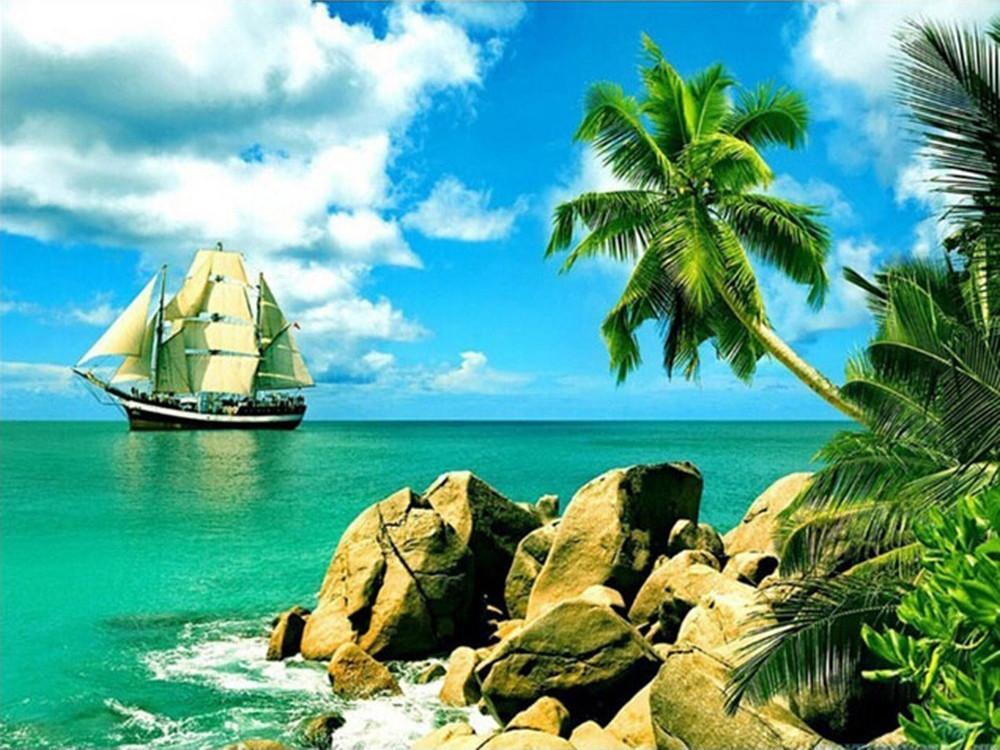 Palmeras y Rocas y Barco en el Mar Pintar por Números