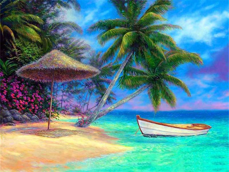 Palmeras y Sombrilla de Brezo en Playa Pintar por Números